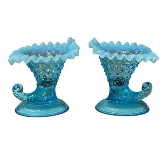 Fenton Vintage Set of 2 Opalescent Blue Glass Cornucopia Candle Holders or Vase - Picture 1 of 9